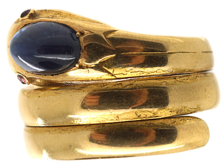 Victorian 18ct Gold Snake Ring set with a Cabochon Sapphire