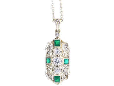 Art Deco 18ct White Gold, Emerald & Diamond Pendant on 14ct White Gold Chain