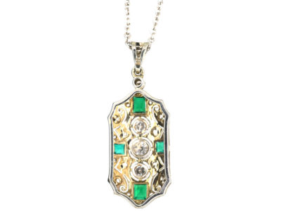 Art Deco 18ct White Gold, Emerald & Diamond Pendant on 14ct White Gold Chain