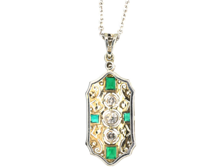 Art Deco 18ct White Gold, Emerald & Diamond Pendant on 14ct White Gold Chain