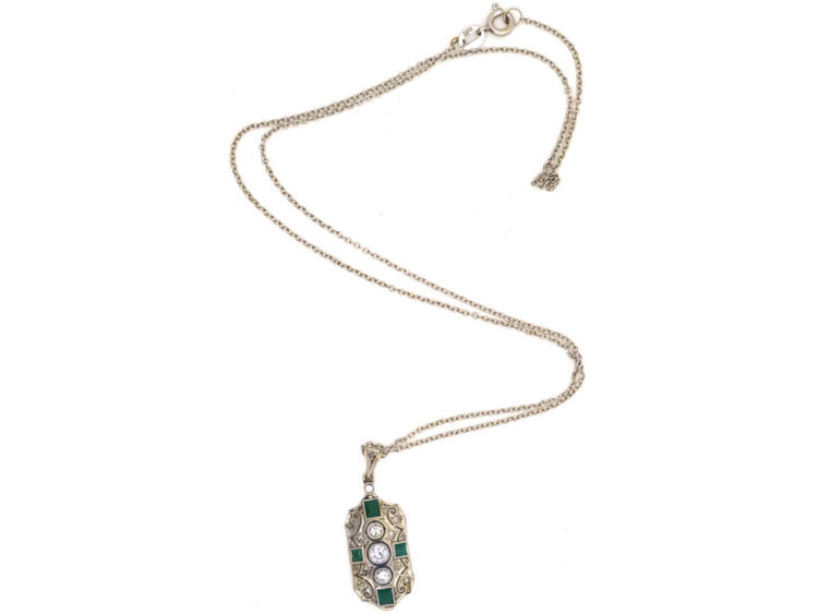 Art Deco 18ct White Gold, Emerald & Diamond Pendant on 14ct White Gold Chain