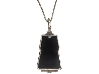 Art Deco Silver, Onyx, Green Chalcedony & Marcasite Pendant on Silver Chain