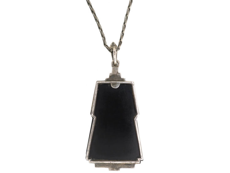 Art Deco Silver, Onyx, Green Chalcedony & Marcasite Pendant on Silver Chain