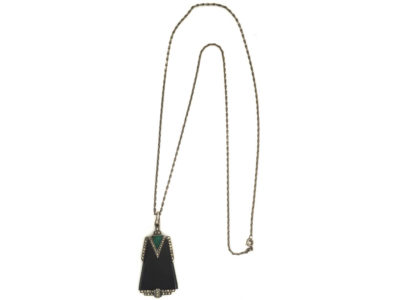 Art Deco Silver, Onyx, Green Chalcedony & Marcasite Pendant on Silver Chain