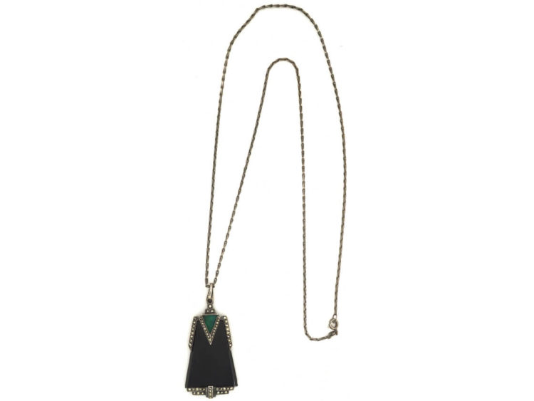 Art Deco Silver, Onyx, Green Chalcedony & Marcasite Pendant on Silver Chain