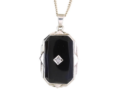 Art Deco Silver, Onyx & Diamond Pendant on Silver Chain
