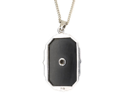 Art Deco Silver, Onyx & Diamond Pendant on Silver Chain