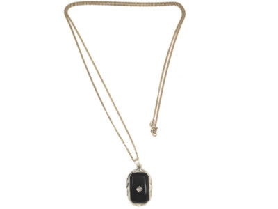 Art Deco Silver, Onyx & Diamond Pendant on Silver Chain