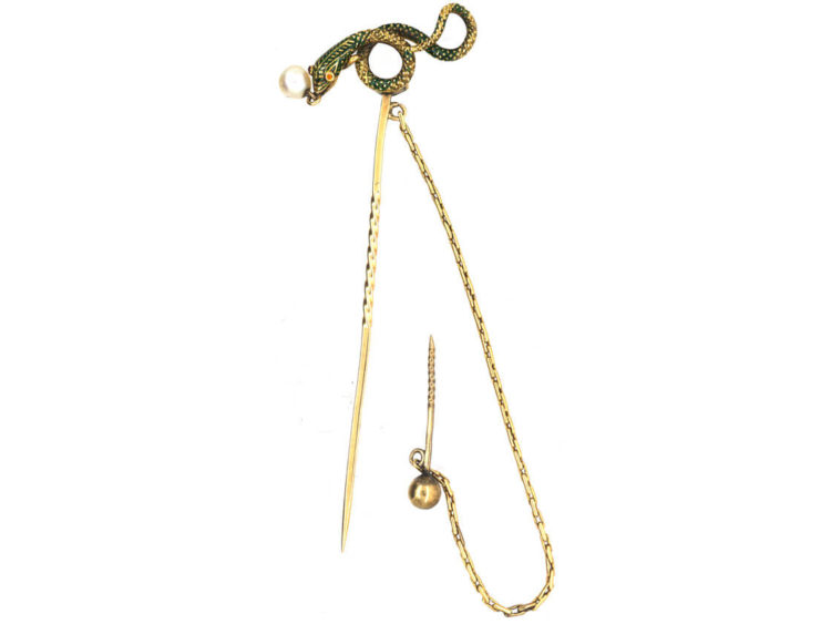 Georgian 18ct Gold & Green Enamel Snake Tie Pin with Natural Pearl Drop