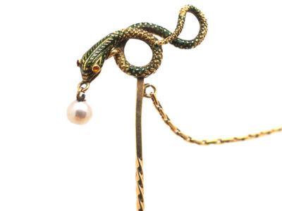 Georgian 18ct Gold & Green Enamel Snake Tie Pin with Natural Pearl Drop Georgian 18ct Gold & Green Enamel Snake Tie Pin with Natural Pearl Drop