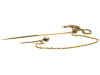 Georgian 18ct Gold & Green Enamel Snake Tie Pin with Natural Pearl Drop