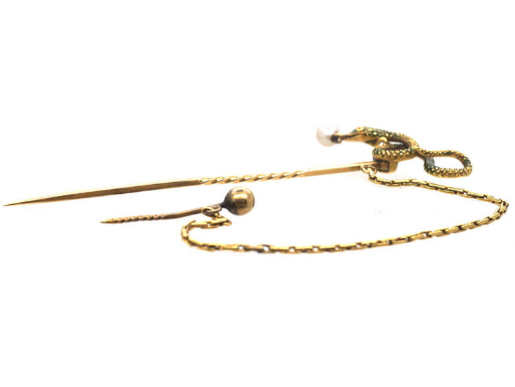 Georgian 18ct Gold & Green Enamel Snake Tie Pin with Natural Pearl Drop