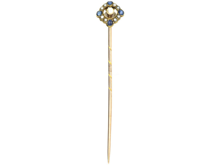 Edwardian Sapphire & Natural Split Pearl Tie Pin