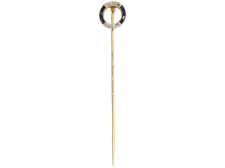 French Art Deco 18ct Gold & Platinum, Sapphire & Rose Diamond Finishing Post Tie Pin