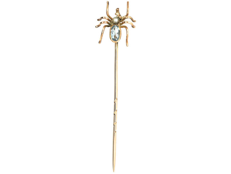 Edwardian Gold Spider Tie Pin set with an Aquamarine & Natural Pearl