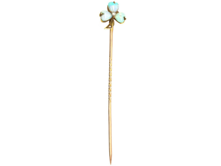 Edwardian 15ct Gold , Opal & Pearl Shamrock Tie Pin