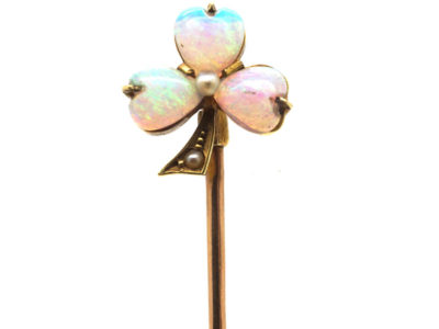 Edwardian 15ct Gold , Opal & Pearl Shamrock Tie Pin Edwardian 15ct Gold , Opal & Pearl Shamrock Tie Pin