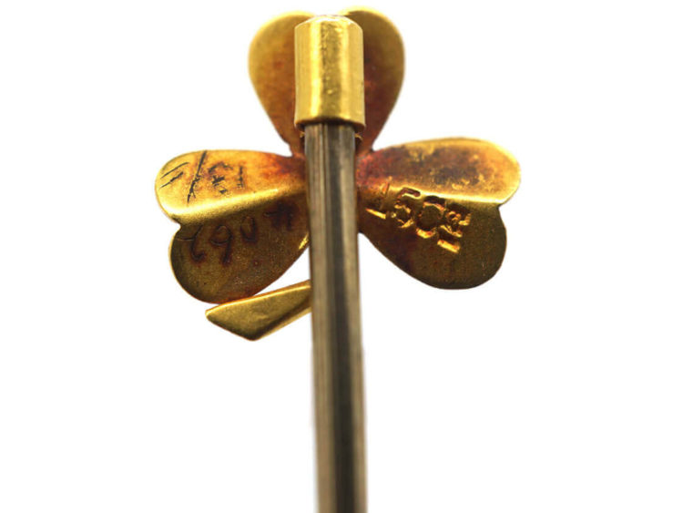 Edwardian 15ct Gold & Natural Pearl Three Leaf Clover Tie Pin