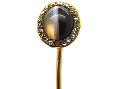 Victorian 15ct Gold Oval Tie Pin set with Onyx & Rose Diamonds
