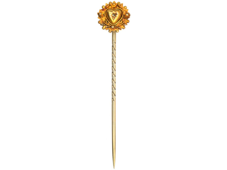 Victorian 15ct Gold Heart & Flowers Tie Pin set with a Rose Diamond