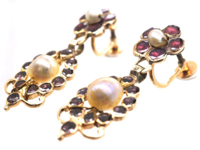 Georgian Flat Cut Almandine Garnet & Natural Pearl Drop Earrings
