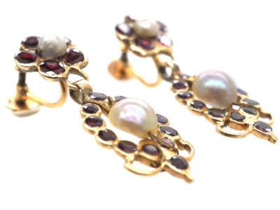 Georgian Flat Cut Almandine Garnet & Natural Pearl Drop Earrings