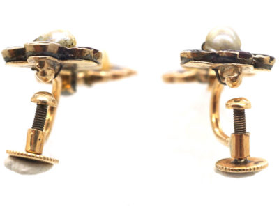 Georgian Flat Cut Almandine Garnet & Natural Pearl Drop Earrings