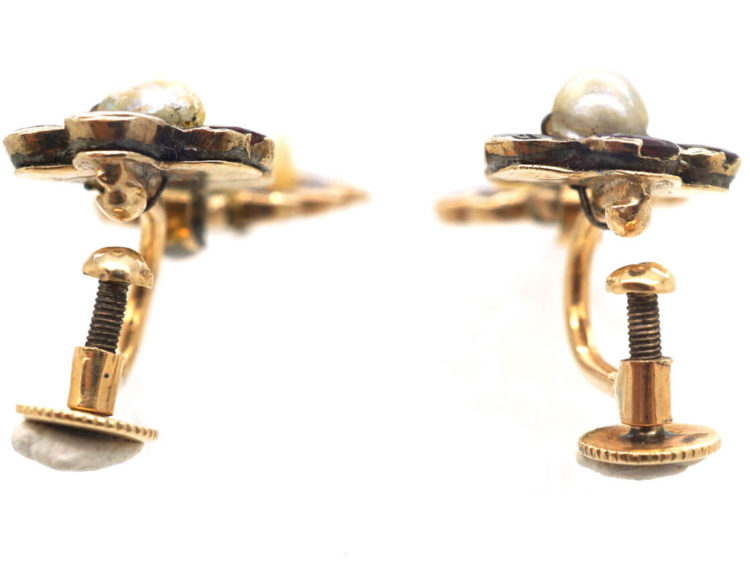 Georgian Flat Cut Almandine Garnet & Natural Pearl Drop Earrings