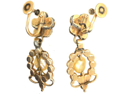 Georgian Flat Cut Almandine Garnet & Natural Pearl Drop Earrings