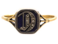 Edwardian 18ct Gold, Platinum, Blue Enamel & Rose Diamond Ring with Initial D