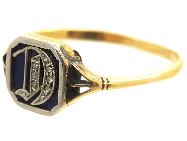 Edwardian 18ct Gold, Platinum, Blue Enamel & Rose Diamond Ring with Initial D