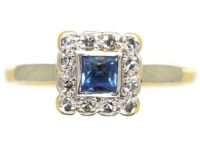 Art Deco 18ct Gold & Platinum Diamond & Sapphire Square Ring