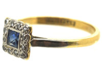 Art Deco 18ct Gold & Platinum Diamond & Sapphire Square Ring