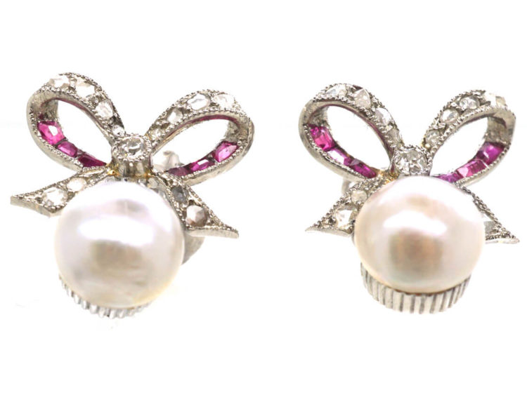 Edwardian Platinum, Diamond & Ruby Bow Earrings with Pearl Drops