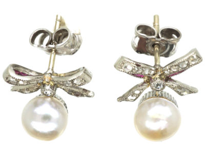 Edwardian Platinum, Diamond & Ruby Bow Earrings with Pearl Drops