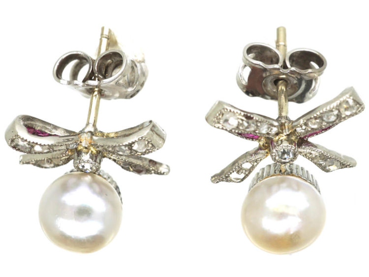 Edwardian Platinum, Diamond & Ruby Bow Earrings with Pearl Drops