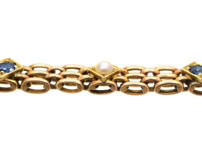 Edwardian 15ct Gold Sapphire & Natural Split Pearl Bracelet