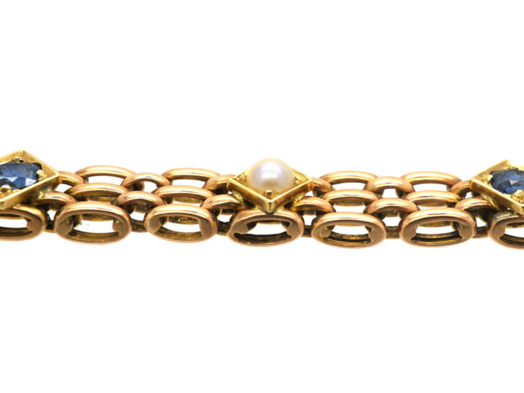 Edwardian 15ct Gold Sapphire & Natural Split Pearl Bracelet