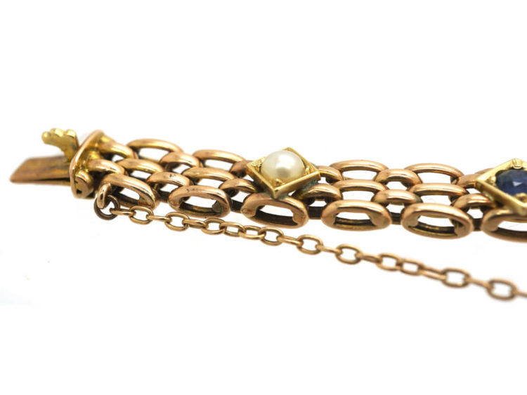 Edwardian 15ct Gold Sapphire & Natural Split Pearl Bracelet