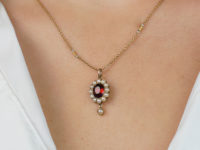 Victorian 15ct Gold Garnet & Natural Split Pearl Pendant