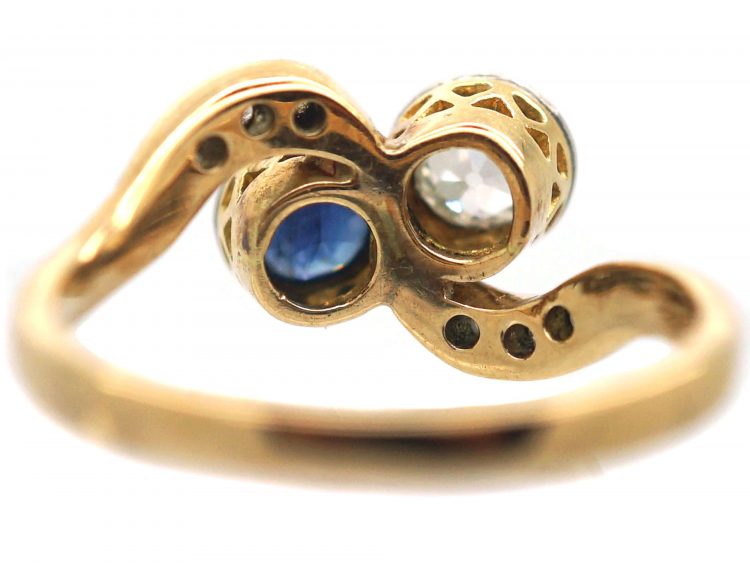 Edwardian 18ct Gold & Platinum, Sapphire & Diamond Crossover Ring