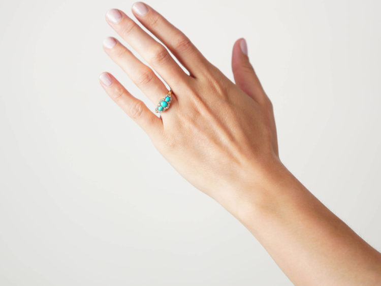 Victorian 18ct Gold Three Stone Turquoise & Diamond Ring