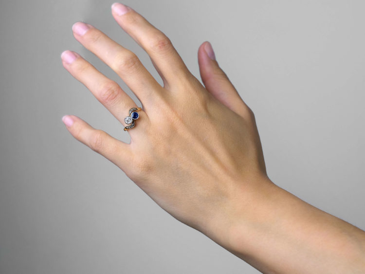 Edwardian 18ct Gold & Platinum, Sapphire & Diamond Crossover Ring