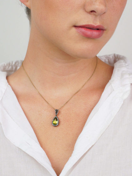 Edwardian Peridot & Diamond Pear Shaped Pendant on Gold Chain