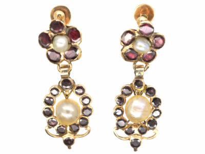 Georgian Flat Cut Almandine Garnet & Natural Pearl Drop Earrings Georgian Flat Cut Almandine Garnet & Natural Pearl Drop Earrings