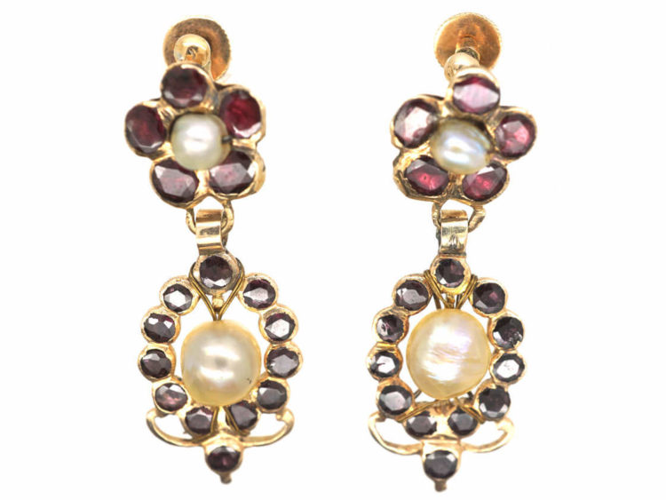 Georgian Flat Cut Almandine Garnet & Natural Pearl Drop Earrings