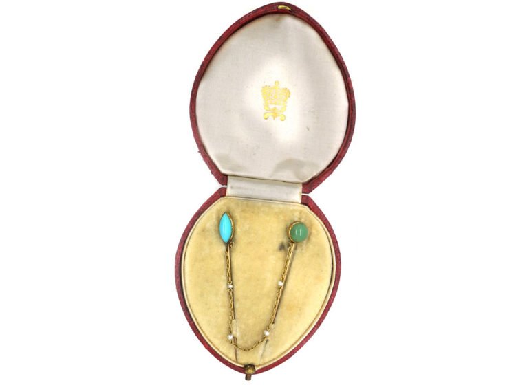 Edwardian Blue Chalcedony & Jade Double Tie Pins on 15ct Gold & Natural Pearl Chain in Original Case