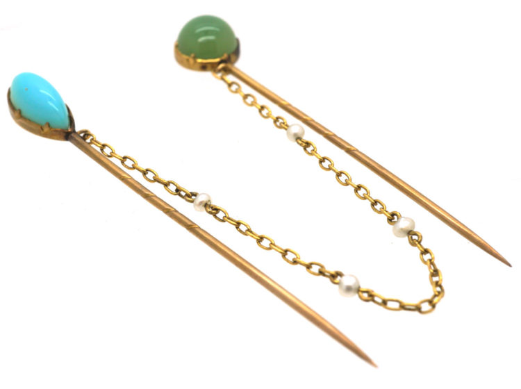 Edwardian Blue Chalcedony & Jade Double Tie Pins on 15ct Gold & Natural Pearl Chain in Original Case