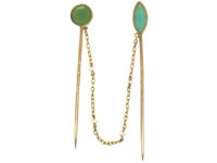 Edwardian Blue Chalcedony & Jade Double Tie Pins on 15ct Gold & Natural Pearl Chain in Original Case