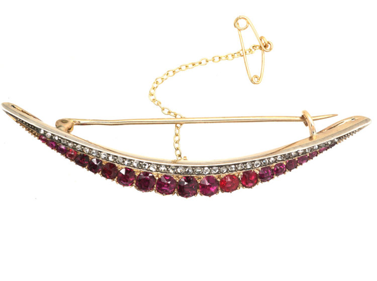 Victorian 15ct Gold, Ruby & Diamond Crescent Brooch